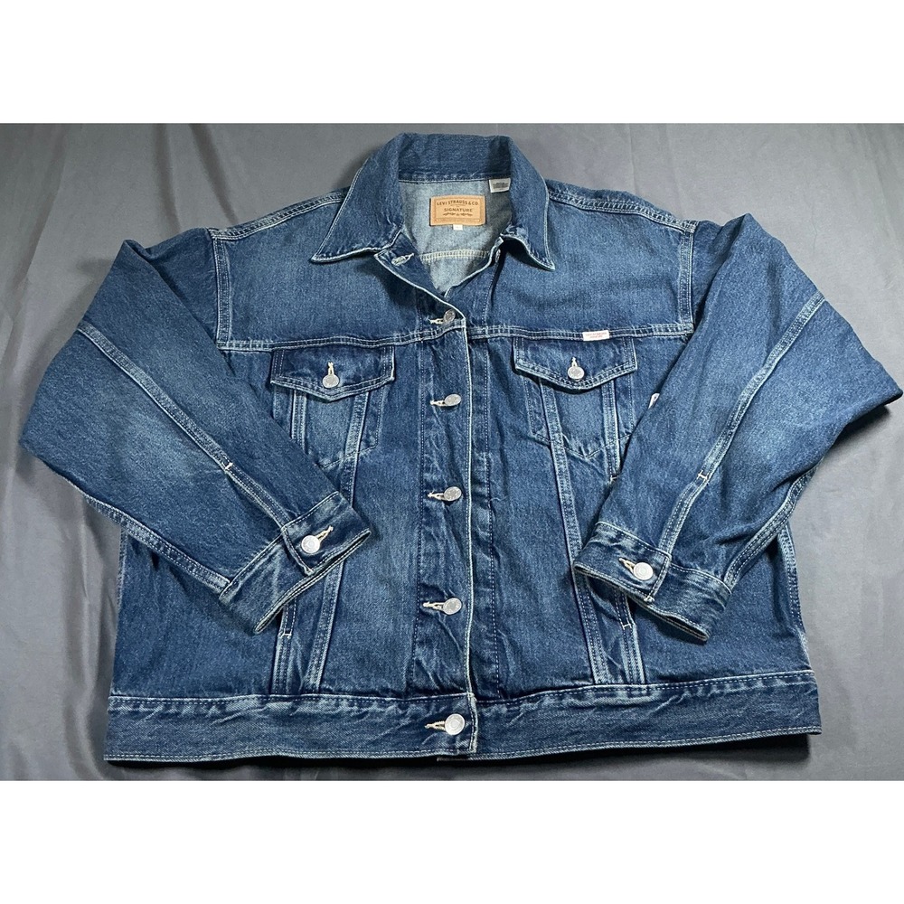 Levi Strauss Signature Women Loose Trucker Denim Jacket Medium Wash L A6192-0002